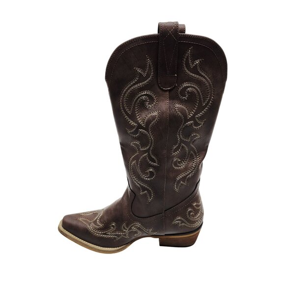 Western Cowboy Brown Leather Boots Womens 7.5 Rollda Embroidered Stacked Heel - Picture 11 of 12